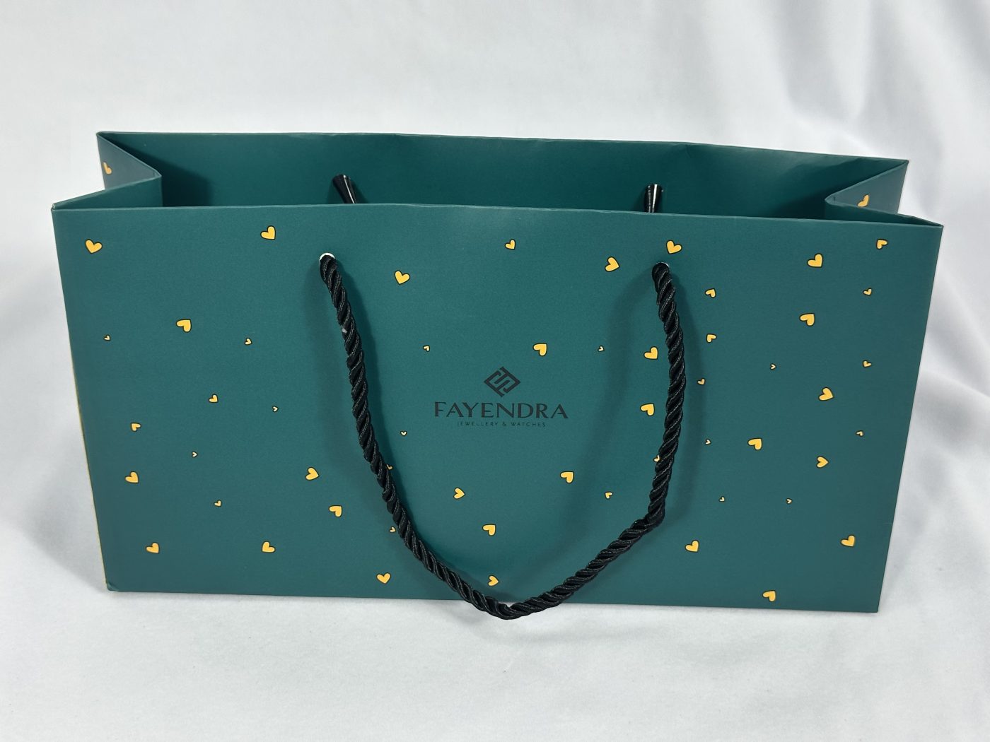 Modern Green Rope Handle Gift Bag with Heart Print | Paper Bag J004 | HJLUXEPACK custom and luxury packaging provider View 1