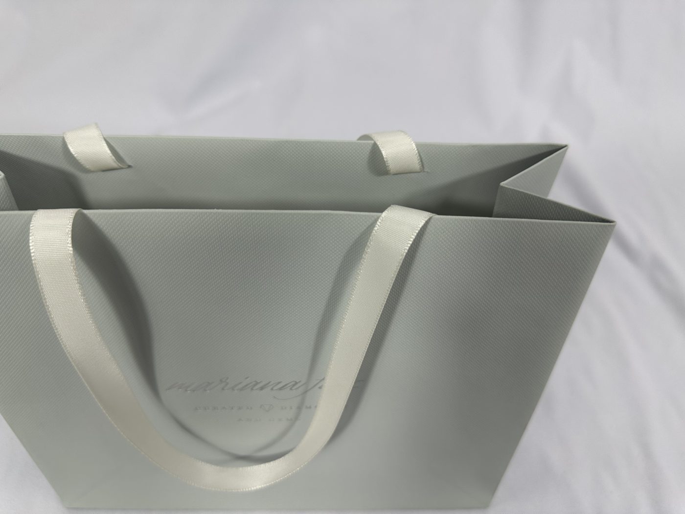 Sophisticated Light Grey Ribbon Handle Gift Bag | Paper Bag J007 | HJLUXEPACK custom and luxury packaging provider View 2